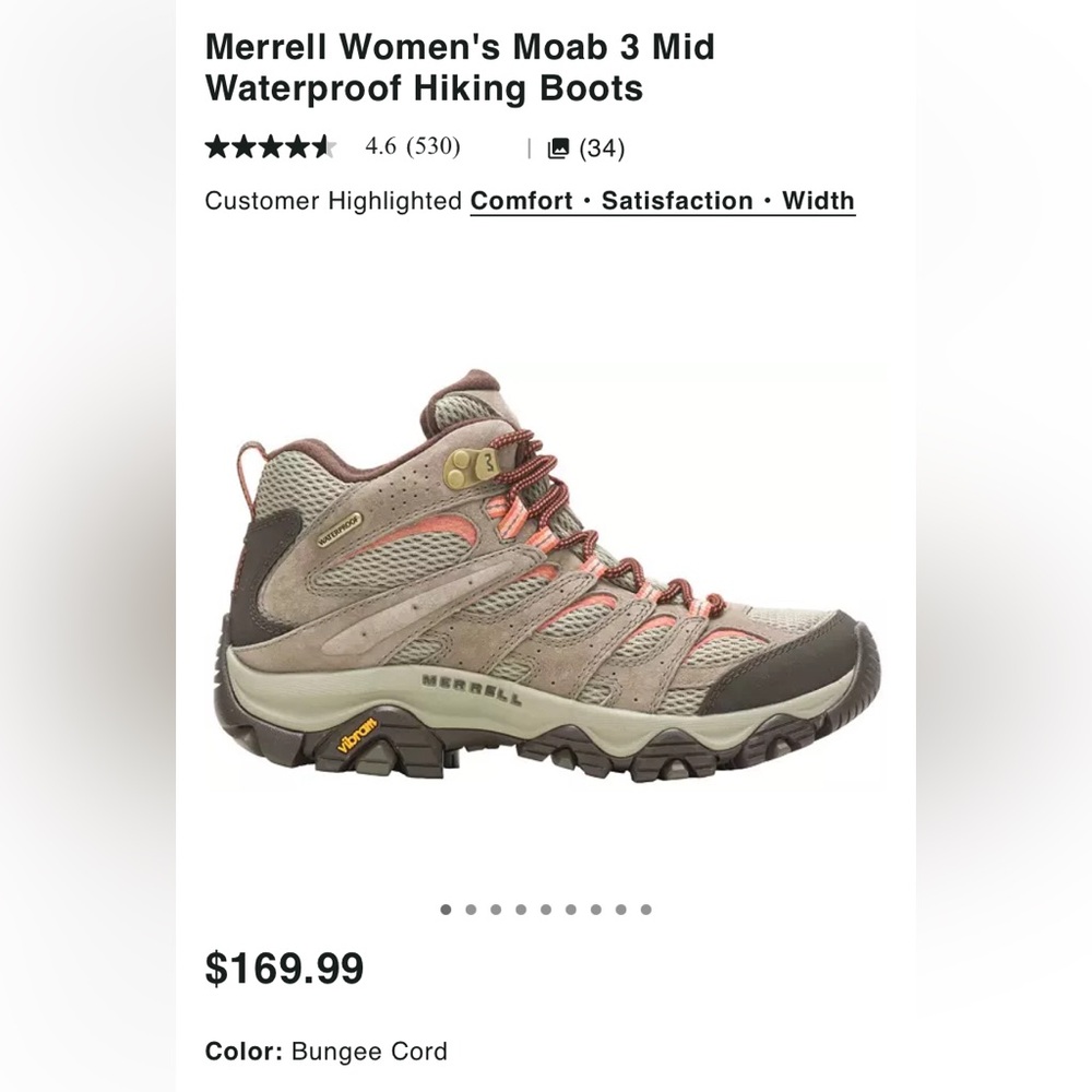 Merrell Women’s Moab 3 Mid Waterproof Hiking Boots Size 7.5